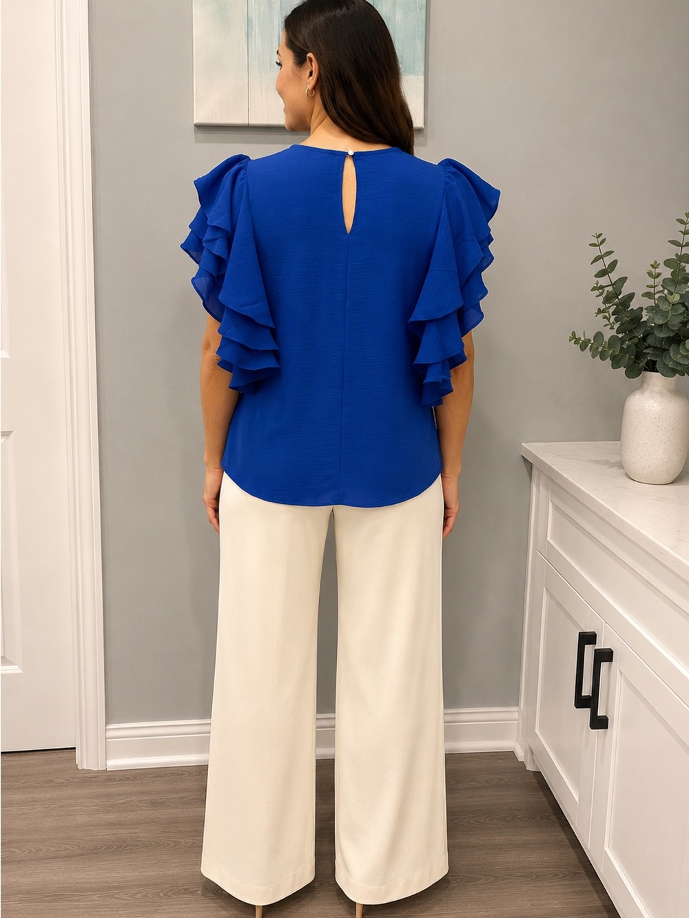 ZENANA RUFFLE TIER SLEEVES TOP CLASSIC BLUE - Picture 3 of 8